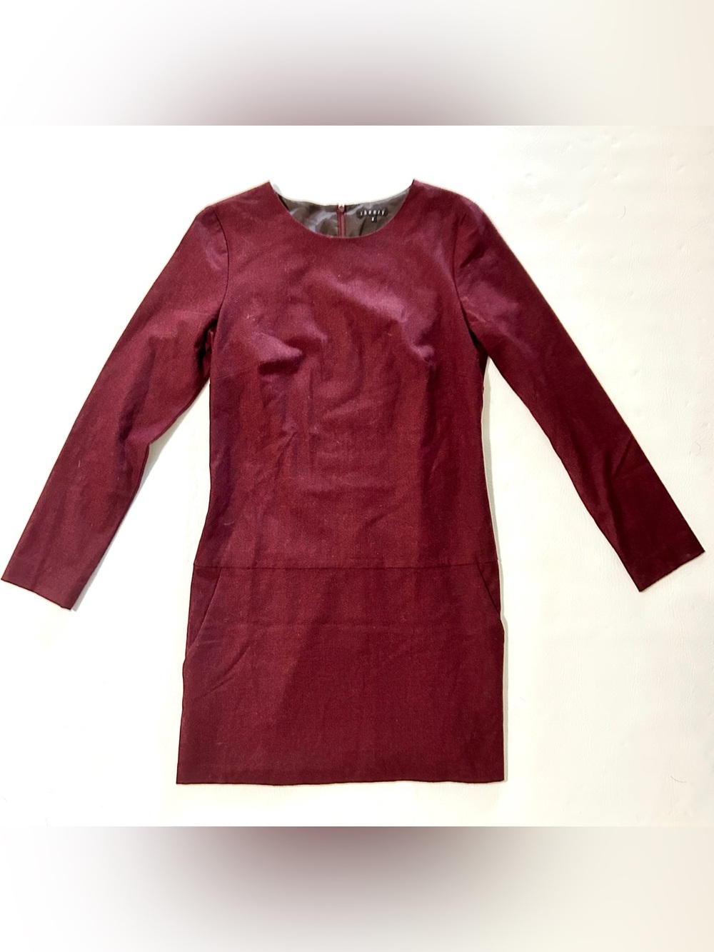 Theory Burgundy Long-Sleeve Shift Dress Wool Blend Size 6